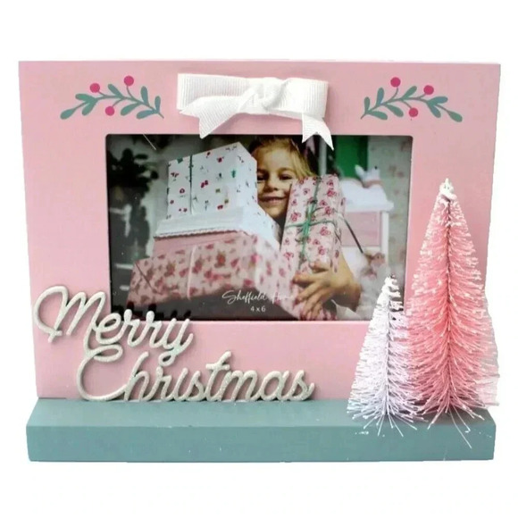 New Pink Wood Merry Christmas 4" X 6" Photo Frame Room Decor Holiday W/ Trees - Picture 1 of 2